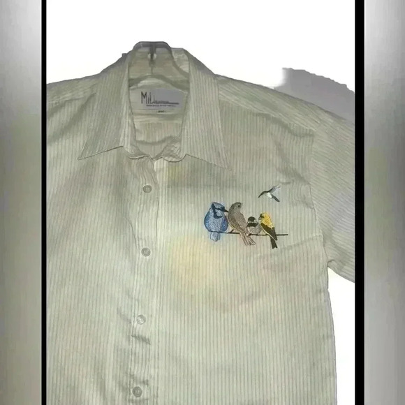 Vintage MiLi designsPinstriped Button-Up Shirt with  Embroidered Birds - Picture 7 of 10